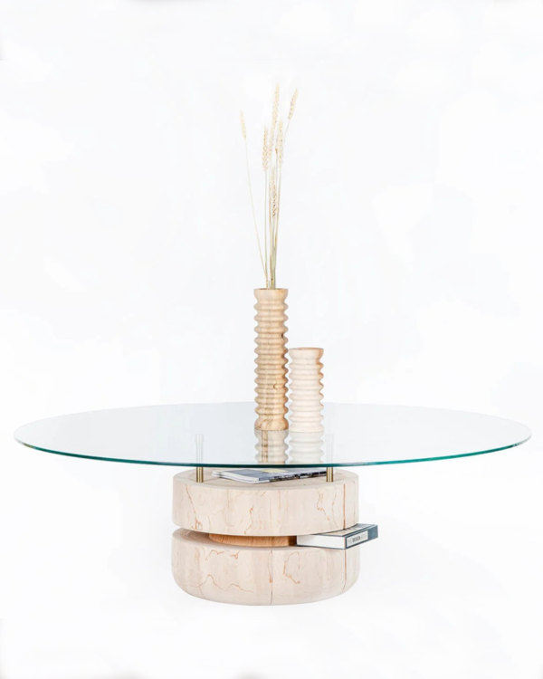 Round Tempered Glass and Wood Coffee Table - Image 3