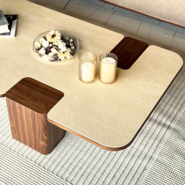 Rectangular Travertine and Wooden Leg Coffee Table - Image 2