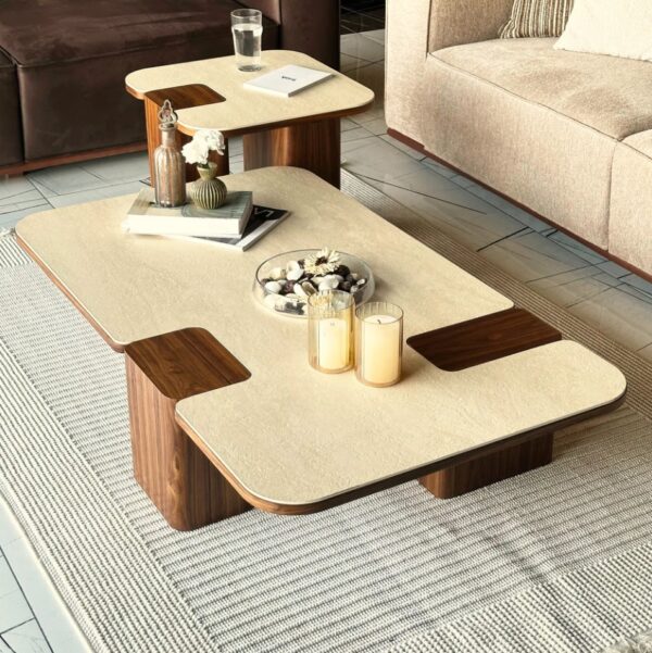 Rectangular Travertine and Wooden Leg Coffee Table - Image 4