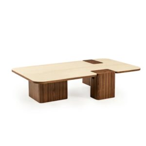 Rectangular Travertine and Wooden Leg Coffee Table