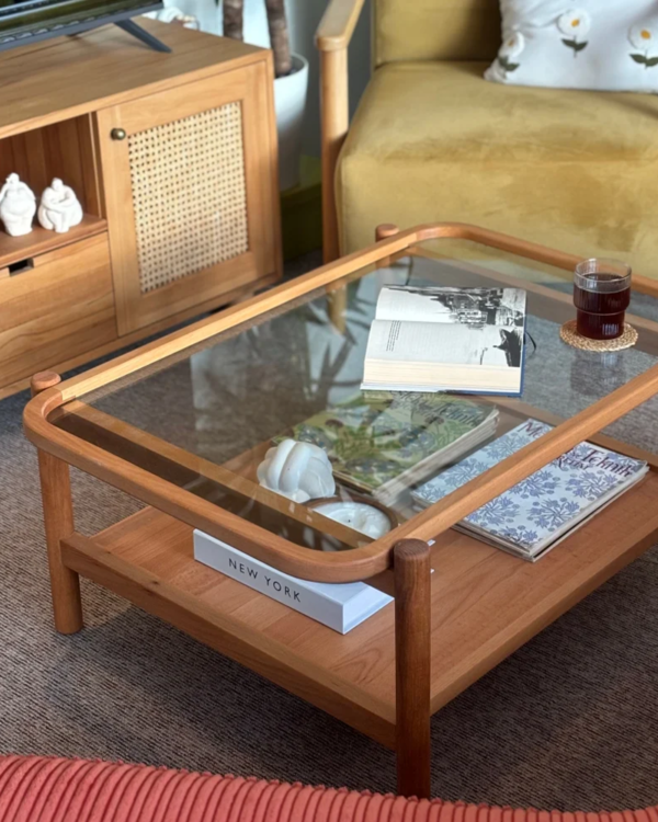 Tempered Glass and Wooden Rectangular Coffee Table - Image 5