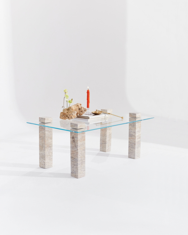 Travertine Leg Glass Coffee Table – Modern & Minimalist Design