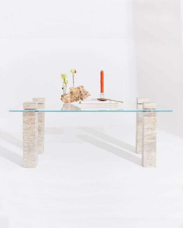 Travertine Leg Glass Coffee Table – Modern & Minimalist Design - Image 2